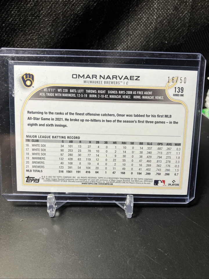 2022 Topps 1st Edition - Red Foil #139 Omar Narvaez 16/50 Milwaukee Brewers - Image 3 of 4