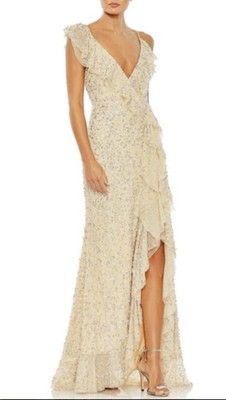 Mac Duggal Sequin Embellished Nude Faux Wrap Full Length Ruffle Gown Dress 8 NWT
