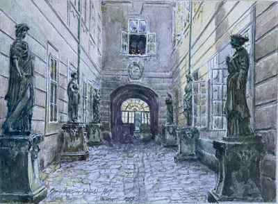 Karl Wildner (1884–1959) Aquarell 16x22 cm. Maria Theresia Schlößl-Hof. - Bild 1 von 3