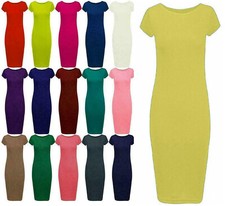 Women's Midi Dress Ladies Plain Short Cap Sleeve Bodycon Maxi Midi Dress UK 8-26