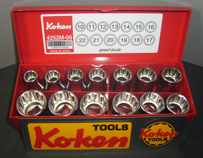 Koken Steckschlüssel Satz 1/2'' Sw. 10 bis 22mm 12-kant in einer Metall Kassette