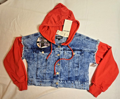New Y2K Thrill Womens Crop M Jean Jacket Fleece Sleeves Hood NWT 90s
