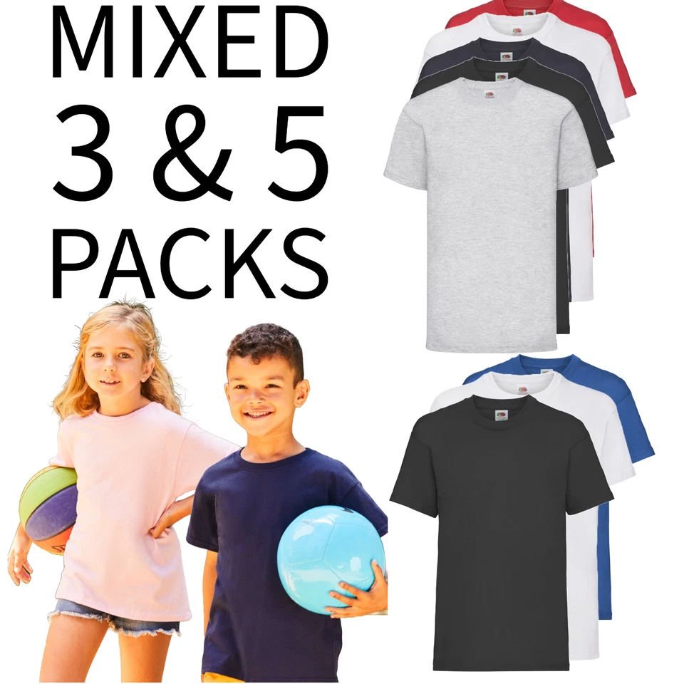 Kinder Fruit of the Loom T-Shirts 5 3er Pack Unisex Uni Baumwolle Bulk T-Shirt Mixed