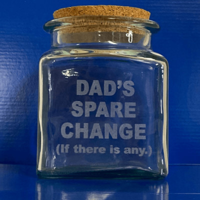 Dad s Spare Change Jar Cork Lid Thick Clear Glass Made in Spain 5 x5 x7  READ