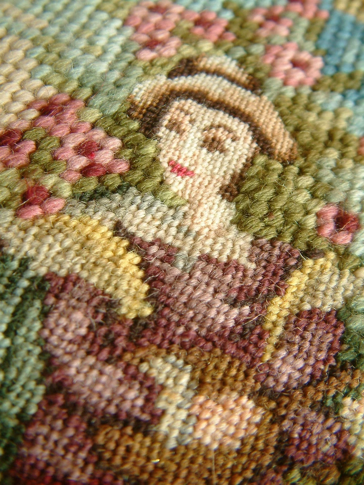 Antique Young Lady In Rose Floral Vines Preworked Needlepoint Canvas  - Image 2 of 4