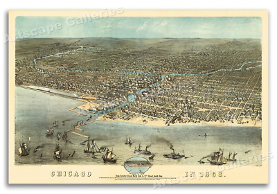 1868 Chicago Illinois Vintage Old Panoramic City Map - 16x24