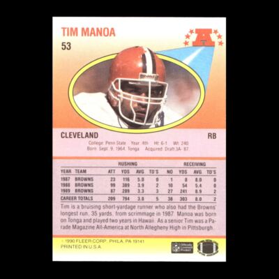 Tim Manoa 1990 Fleer Rookie Cleveland Browns #53 R325A 52 | eBay