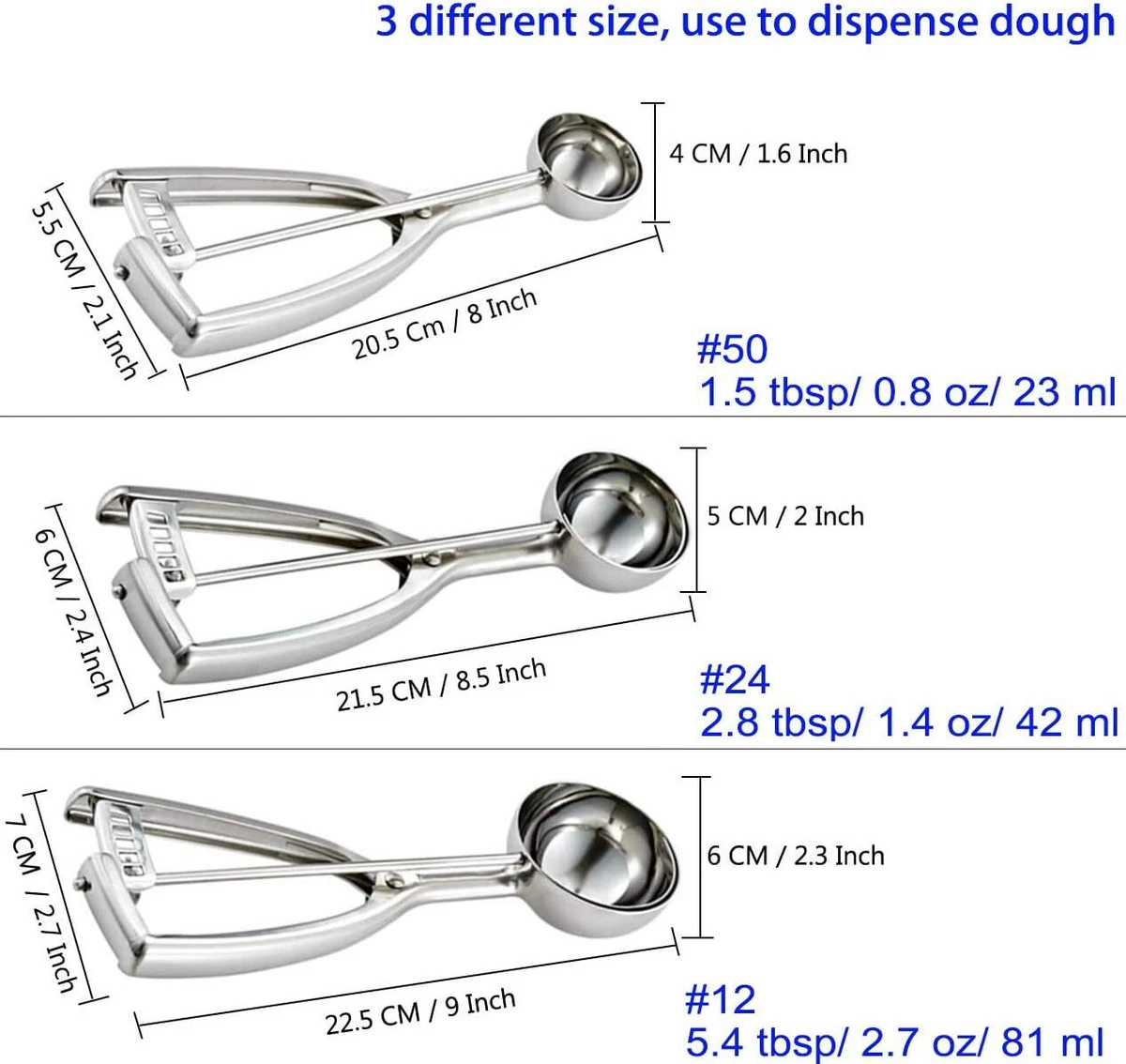 Ice Cream Scoop, Cookie Scoop Set of 3 with Ergonomic Handle Trigger,  Stainless Steel Cookie Scoops for Baking, 3 Size Ice Cream Scoops for  Cookie, Ice Cream, Cupcake, Muffin, Meatball 