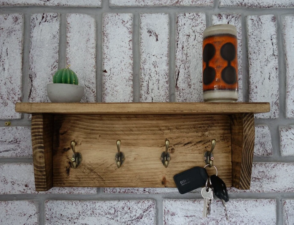 Handmade Farmhouse Rustic Wooden Coat/key Rack with shelf (Cast, Hooks) - Image 2 of 4