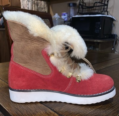 Red Beige Suede Faux Fur Lined Lace-Up Ankle Snow Boots for Women