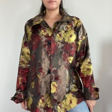 Jacquard Floral Jacket Women Large Gold Red Metallic Brocade Button Front