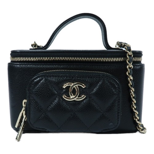 CHANEL CC GHW Vanity Case 2 Way Shoulder Bag Calfskin Leather Black