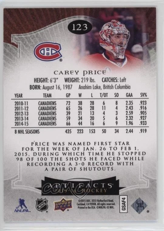 2015-16 Upper Deck Artifacts Stars /999 Carey Price #123 - Image 2 of 2
