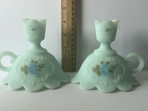 Fenton Floral Hand Painted Chamber Candlestick Holder signed pair