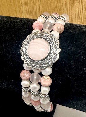 CAROLYN POLLACK Pink Rhodonite Rhodochrosite Quartz Mother Pearl Toggle Bracelet