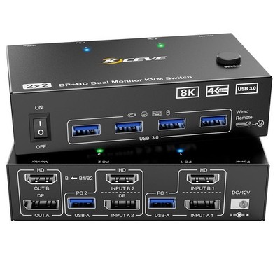 ESKEVE Dual Monitor KVM Switch 2 Computer - HDMI + DisplayPort, USB 3.0, Fernbedienung