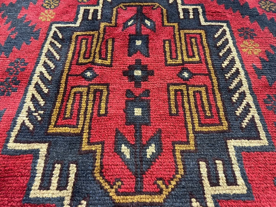 Винтажный афганский шерстяной ковер ручной работы 3x5 футов с рисунком племени для спальни - Изображение 4 из 4