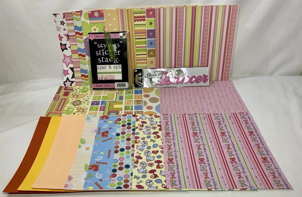 8x8 Cardstock Lot - 26 Sheets - Little Girl Themed - Vellum Pack + Embellishment - Image 2 of 4