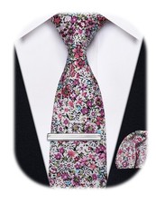 2.5" Cotton Floral Tie for Men Printed Skinny Necktie Pocket Square Clip