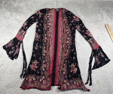 Angie Women's Boho Floral Long Sleeve Strappy Kimono Black Raspberry Small