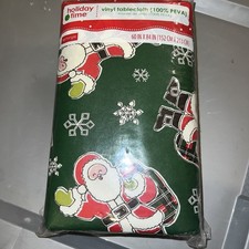 Holiday Time Vinyl Christmas Tablecloth Santa Snowflakes Green Rectangle 60"X84"