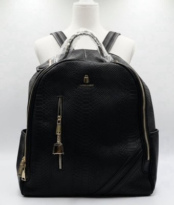 Tote&Carry Black Textured Backpack Gold Hardware Outer Pockets Animal Print