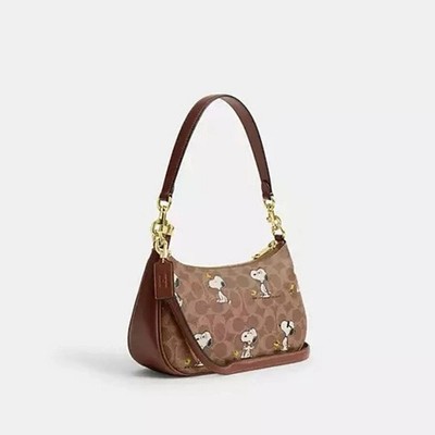 COACH x PEANUTS Teri Shoulder Bag Tan Brown Snoopy Print Signature