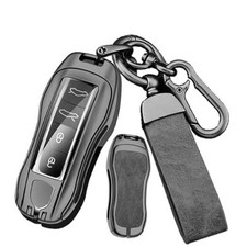 3/4 Button Compatible with Porsche Key Fob Cover Metal Leather Key Gray-a
