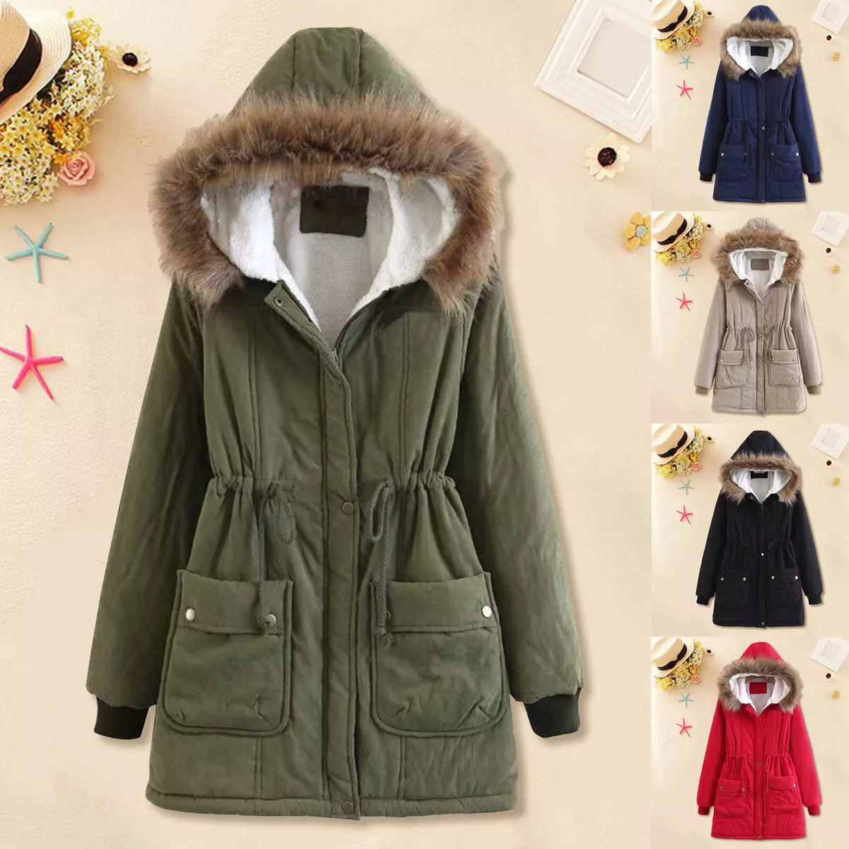 Women Winter Coat Thick Warm Fleece Hooded Jacket Ladies Casual