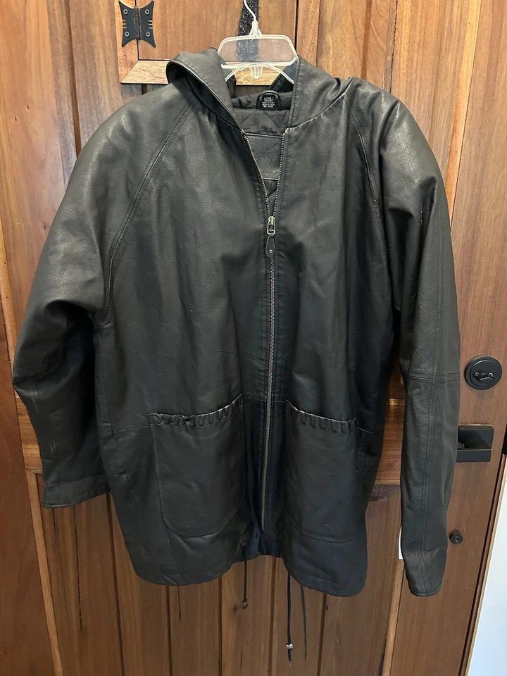 FERRAR Black Leather Hoodie Coat Zip Up Front Pockets Lined Size L Oversized