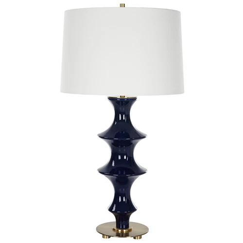 Modern Ridged Cobalt Blue Ceramic Table Lamp 29 in Fluted Chinoiserie Style - Picture 5 of 9