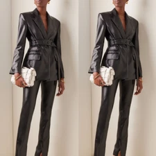 Black Leather Women's Suits With Belt Formal Business Lady Office Work Wear 2Pcs