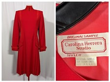 Carolina Herrera Studio Vtg 80s Red Wool Pleated Archive Museum Dress CH Suede