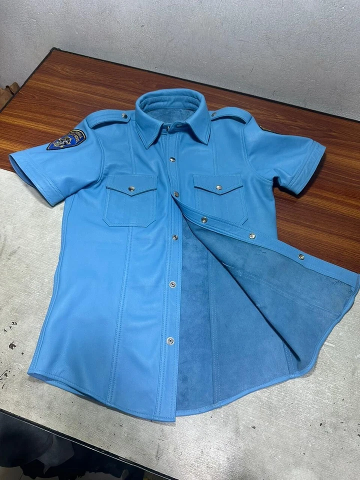 Camisa de cuero para hombre manga corta policía de Nueva York lote piel de cordero azul cielo cuero Foto 4 de 4