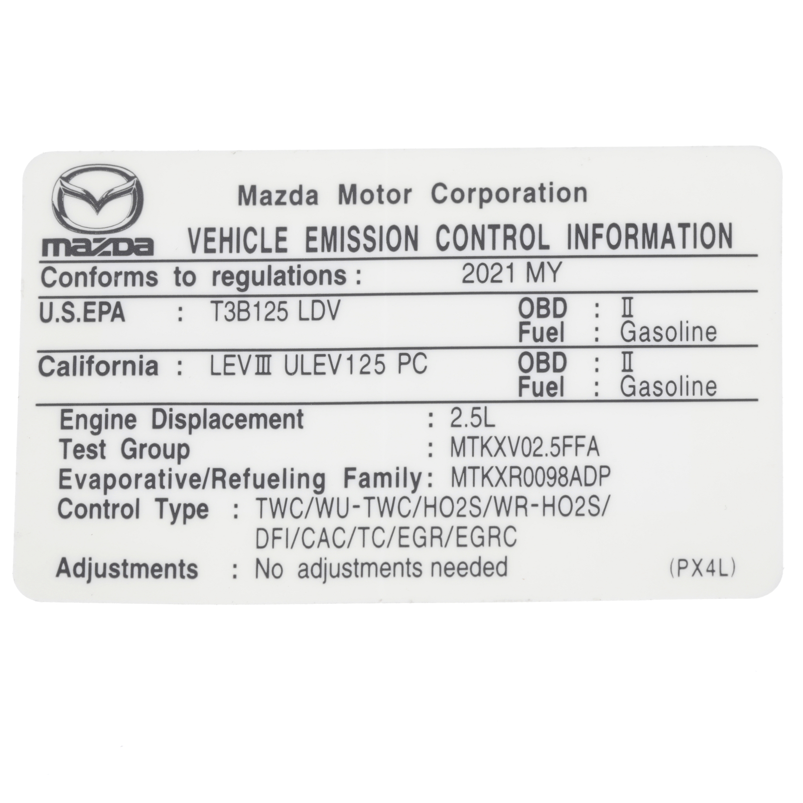 Etiqueta de emisión interior para Mazda CX-30/Mazda3 2021 (N/P PX4L-69-036)