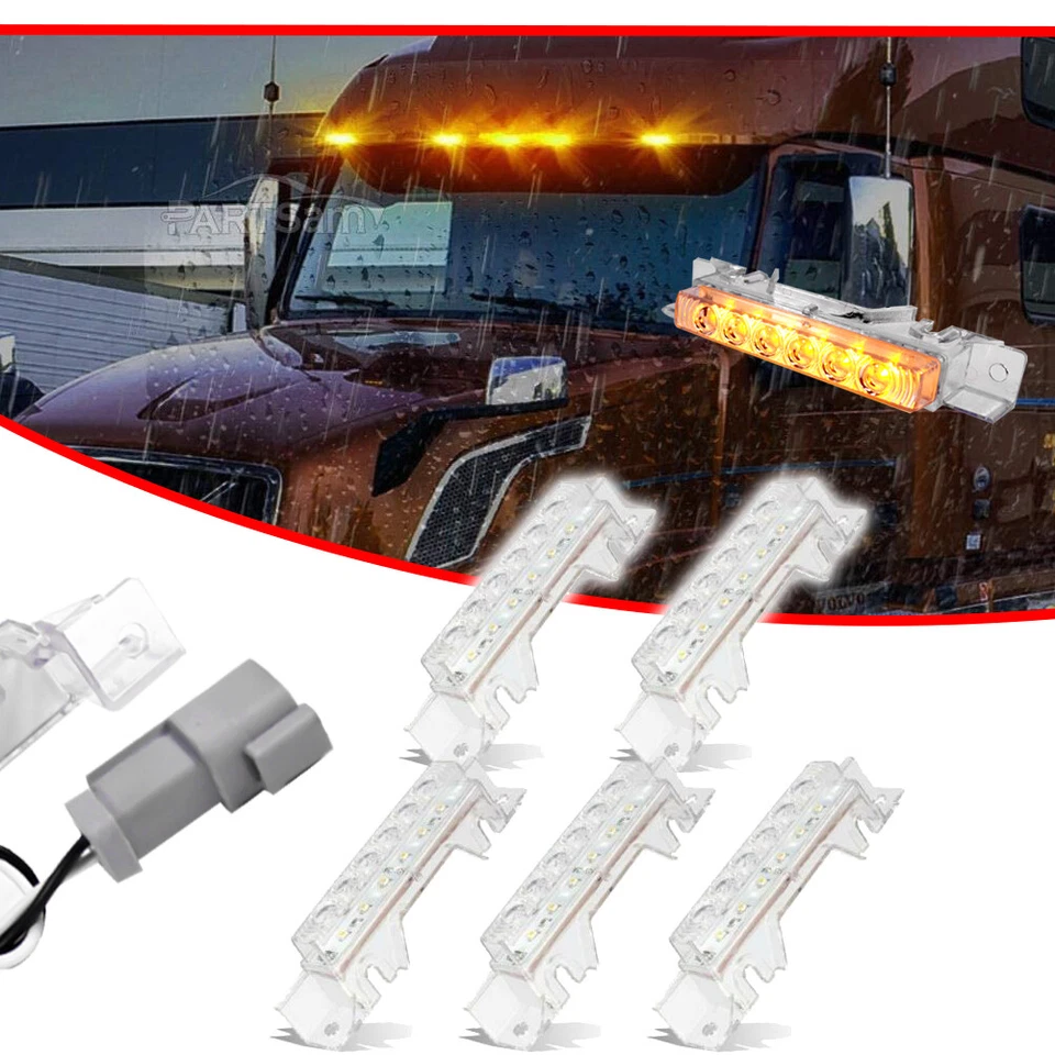 5PCS Clear Lens Amber LED Cab Roof Marker Lights For 2003-up Volvo VN/VNL Truck - Image 2 of 4