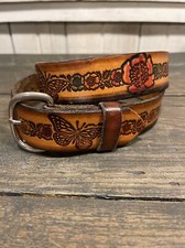 VTG Leather Women's Belt Embossed w/ Colorful Flowers Butterflies 42.5 / 33.5