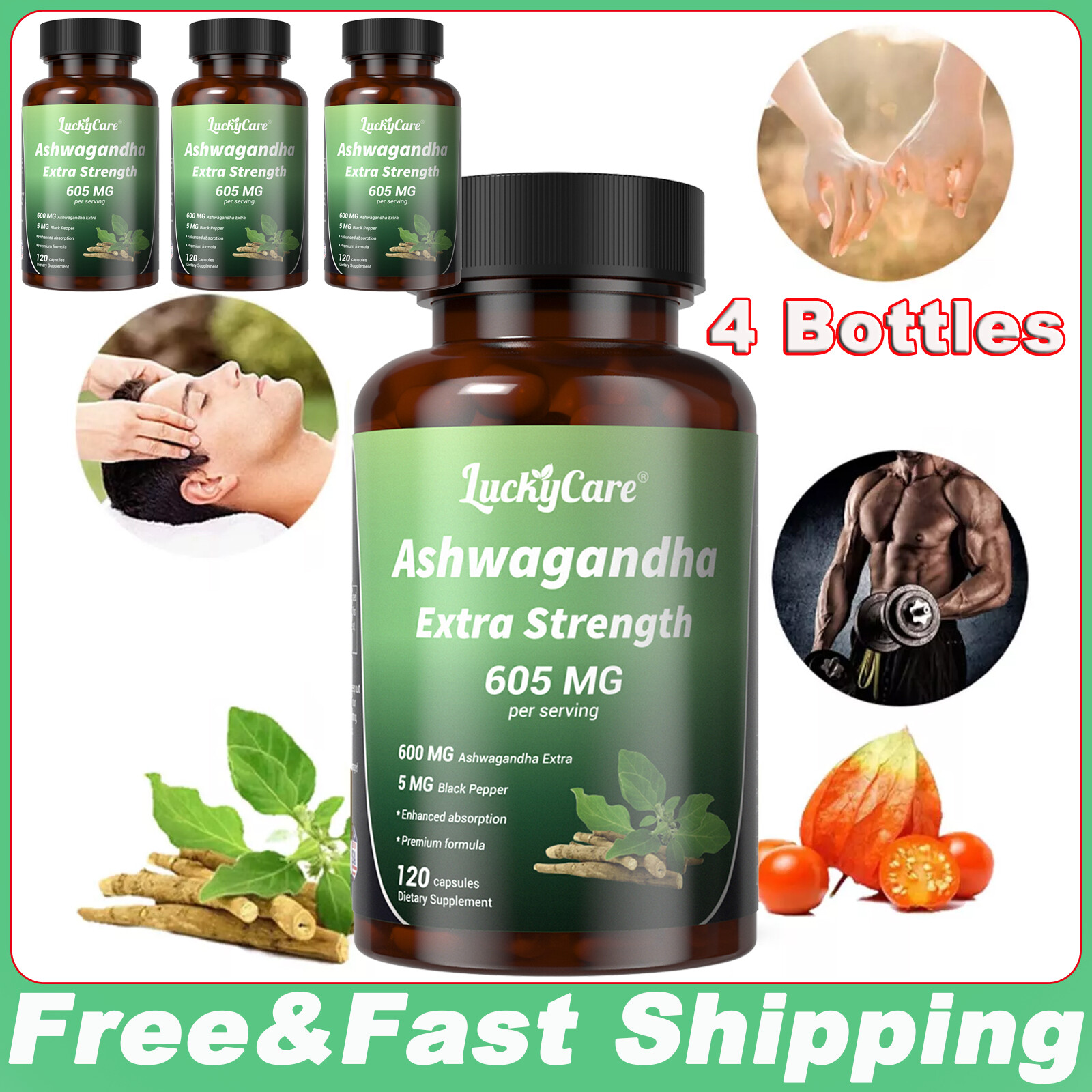 Organic Ashwagandha Capsules 600 MG (4 PACK) with Black Pepper Root Powder