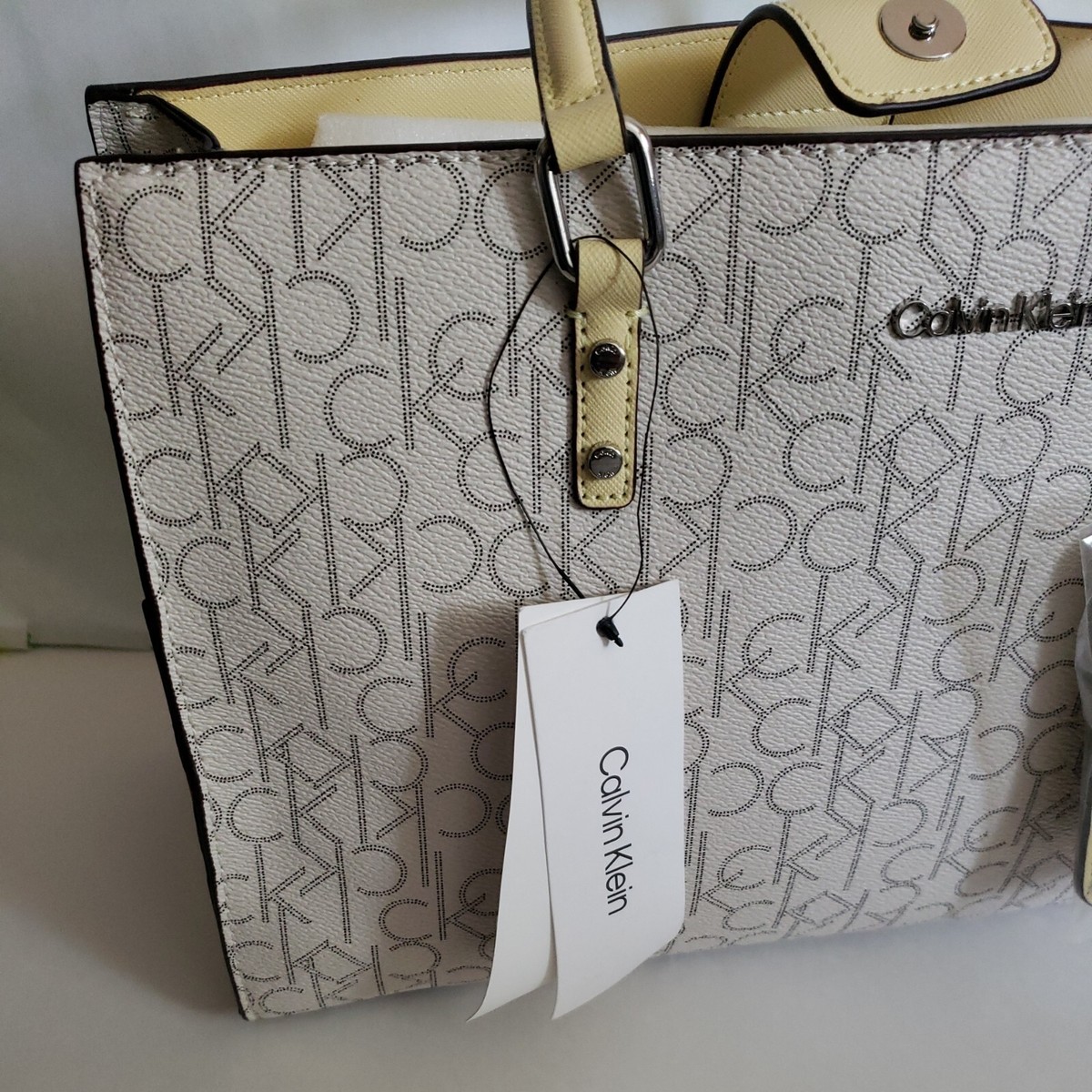 CALVIN KLEIN Monogram CK Signature Cream Satchel Hand-Bag CALVIN KLEIN Monogram CK Signature Cream Satchel Hand-Bag