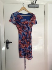 Shein Orange / Blue Marbled Ruched Mesh Dress , Asymmetric Neck Small ( 8)