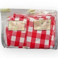 2 Vtg Sultan Linens Vinyl Table Cloth Flannel Back 60” Round Red White Checked