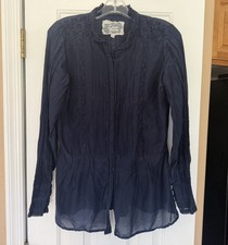 Love Johnny Was Navy Gothic Blouse Eyelet Ruffled Small Silk Blend Button Down