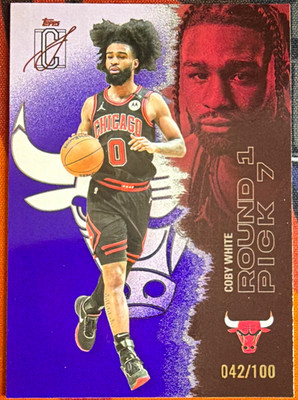 Topps 2025-26 Signature Class Coby White Bulls Purple /100 Round Pick 7 #10