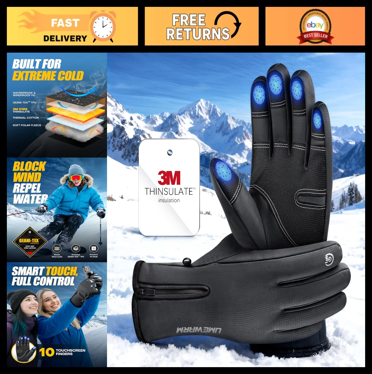 Waterproof Winter Gloves -20°F, 5-Layer Thermal Ski & Snowboard Gloves, Touchscr
