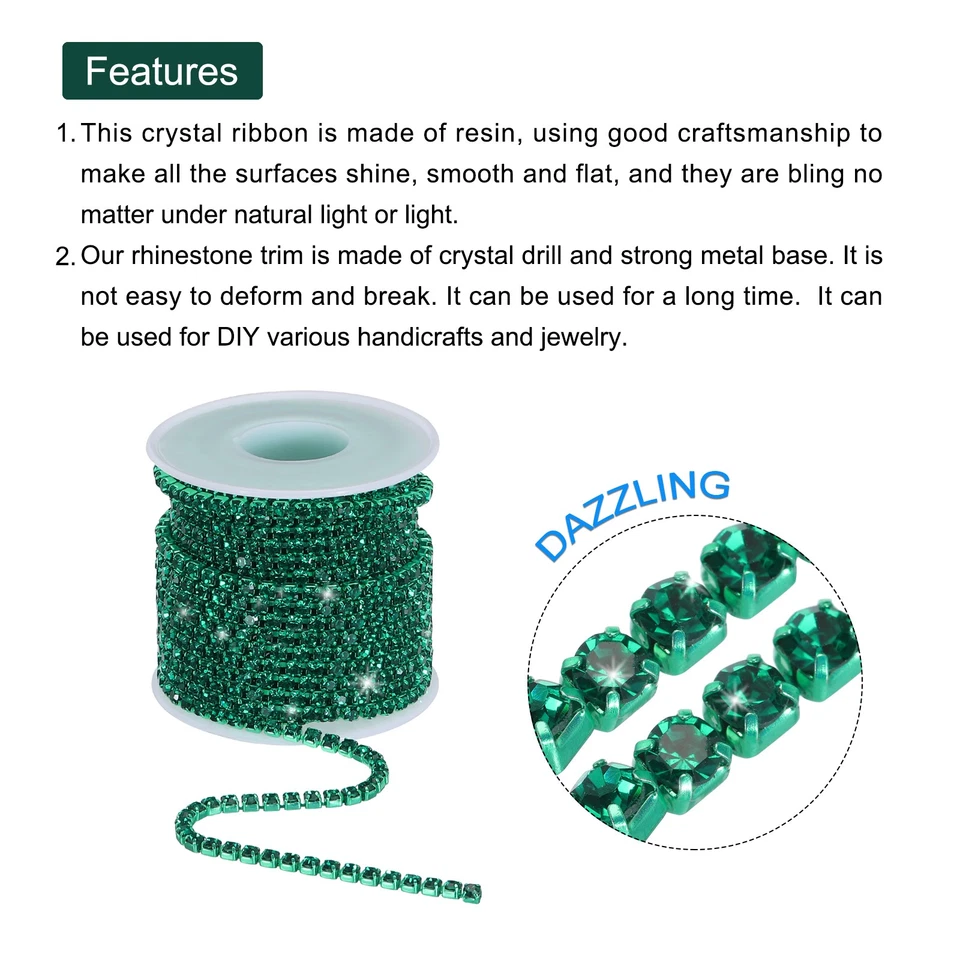 1 pieza 10 yardas 4 mm cristal estrás diamante cierre cadena borde verde Foto 4 de 4