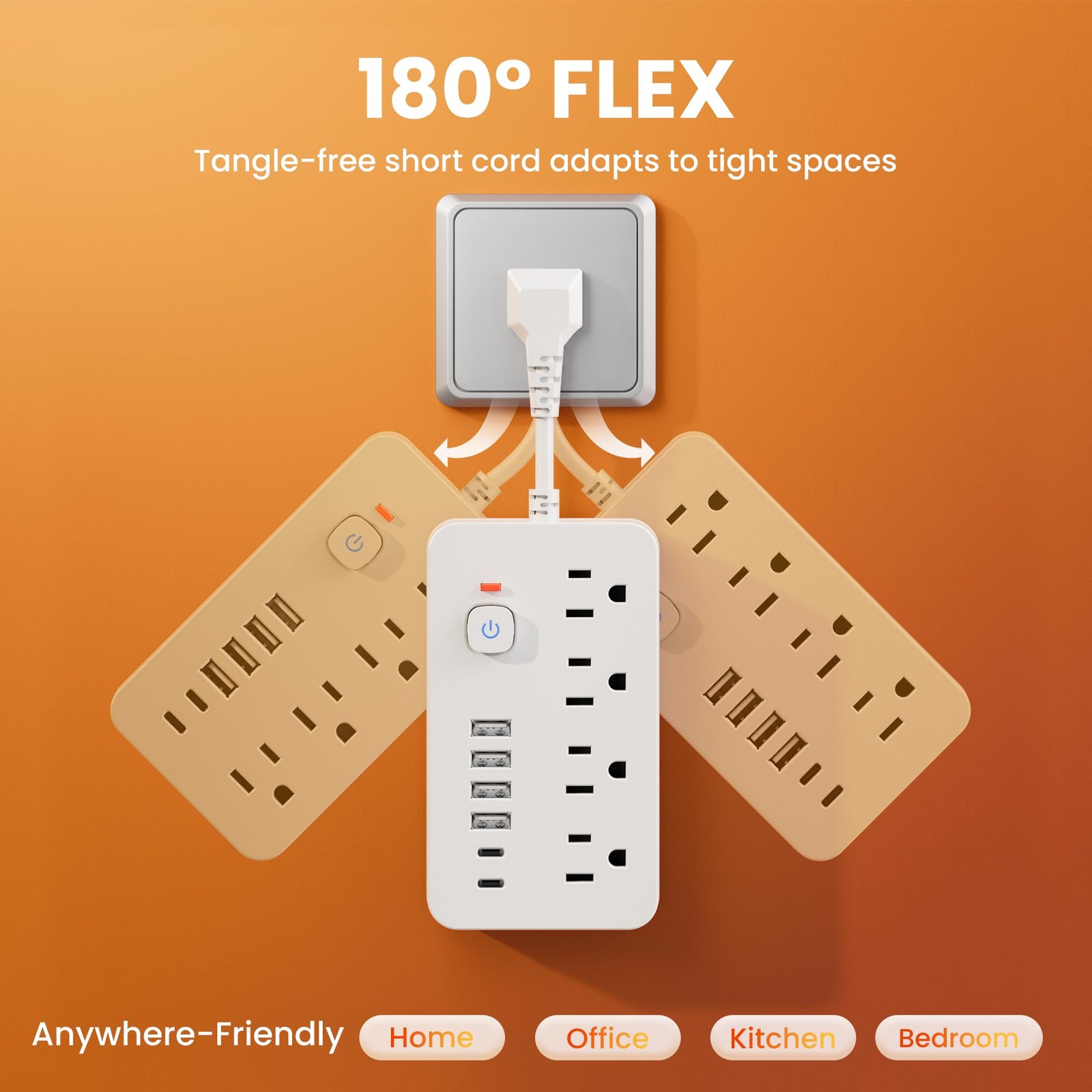 Surge Protector Power Strip - Short Extension Cord with 4 AC Outlets 6 USB Po...