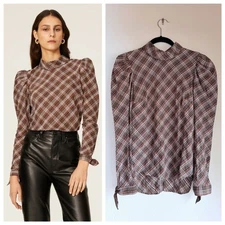 NWOT Veronica Beard Isabel Plaid Button Back Tie Cuff Blouse in Brown Size 2