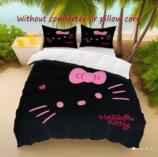 Hello Kitty Bedding Set Black Sanrio Kawaii New Full Duvet Cover Pillowcases