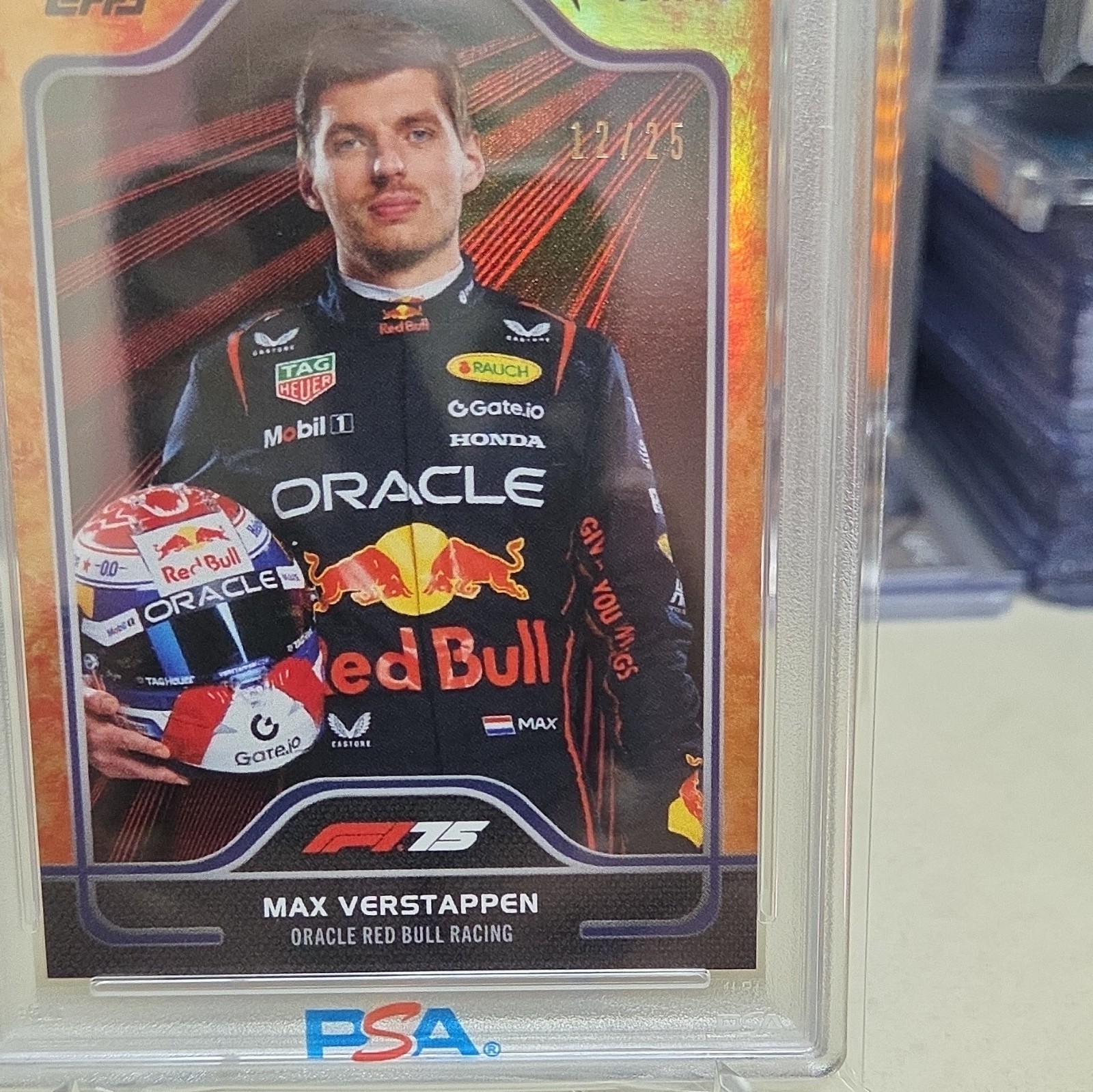 Topps 2025 F1 Fanatics Fest NYC Max Verstappen #17 NY Slice Orange 12/25 PSA 9 view 6