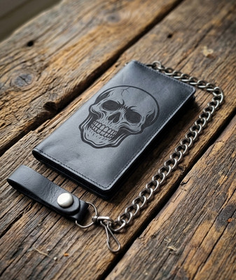 Skull Genuine Leather Biker Wallet With Chain Black Bi-Fold 7'' Wallet